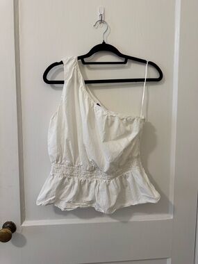 French Connection White One-Shoulder Smocked Peplum Tank